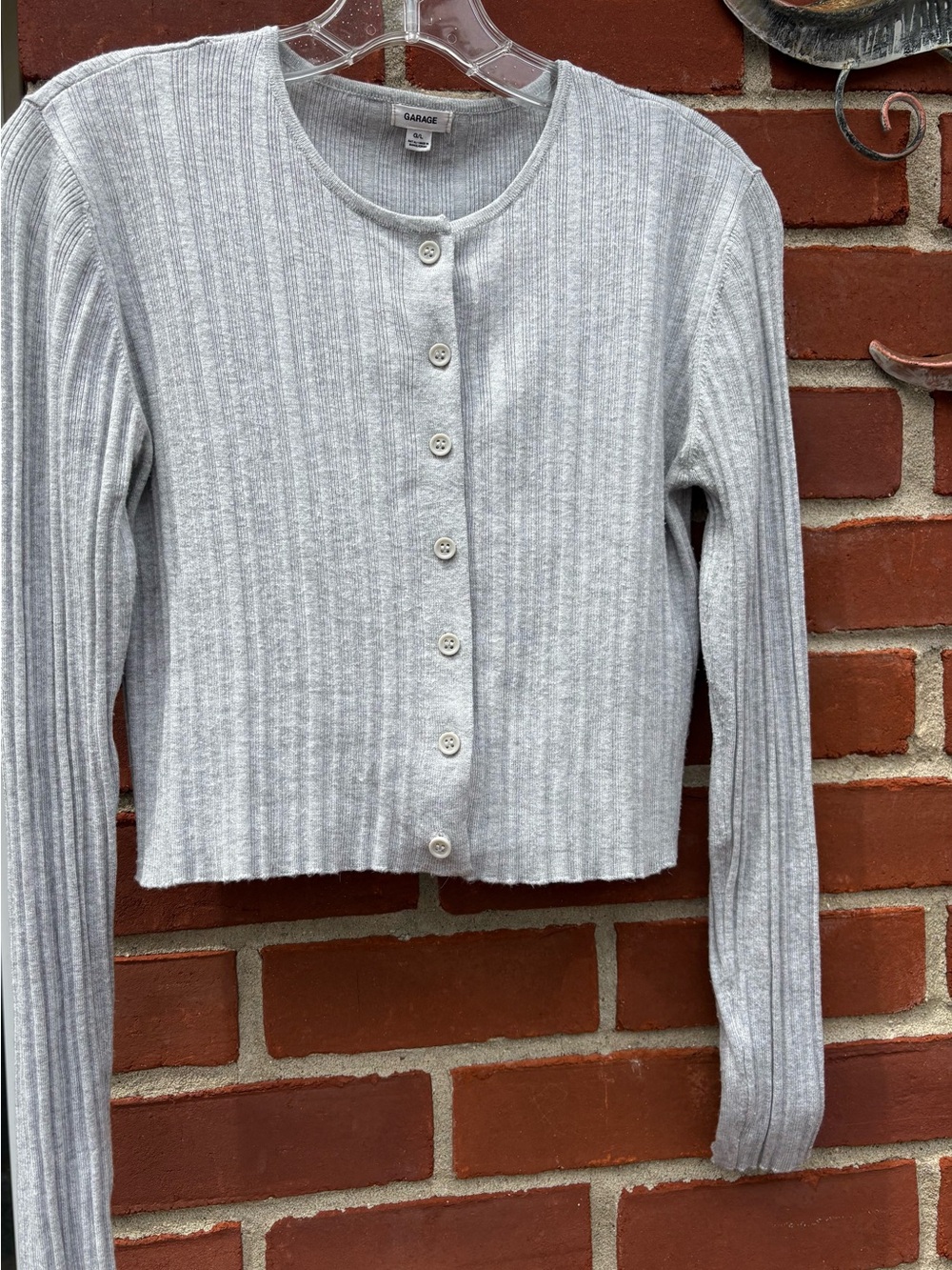 Garage Light Gray Ribbed Button-Up Cropped Cardigan